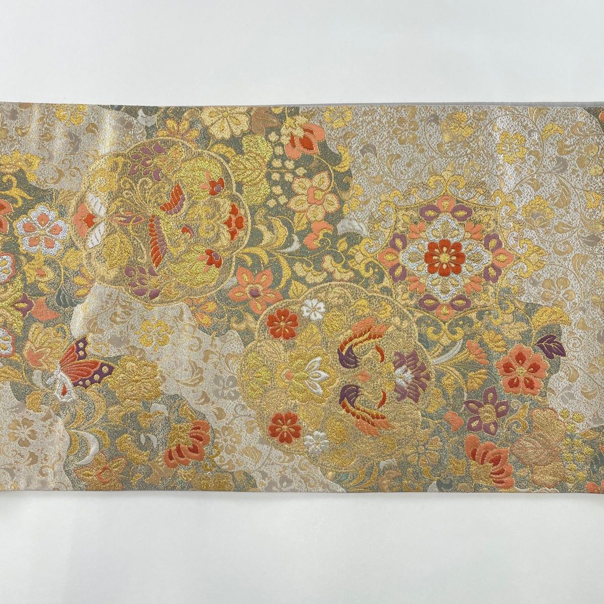［六通］袋帯　中古美品　藍染 O-330 袋帯 美品 秀品 華文 向かい鳥 金銀糸 箔 銀色 六通 正絹 【中古