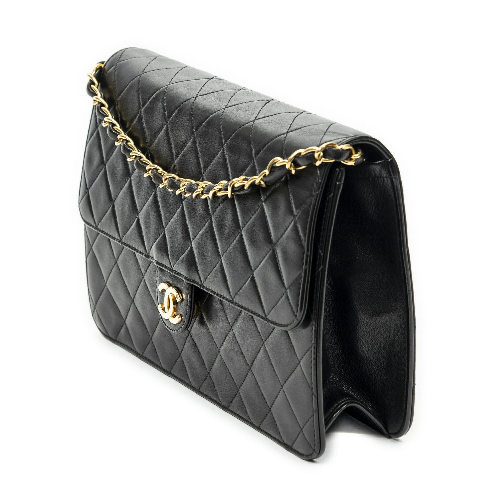 CHANEL シャネルマドモアゼル フルフラップ黒マトラッセラムスキンレザーA