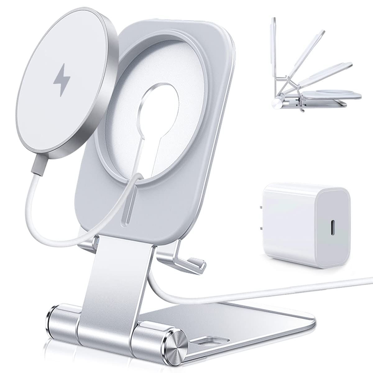折り畳み式 USB-Cアダプター付属】USB-Cケーブル付き 角度調節 20W スマホ充電器 Miniシリーズ対応【ワイヤレス充電スタンド+ スタンド/パッド Max 小型 Pro 軽量 15/14/13/12 くっつくと急速充電 iPhone