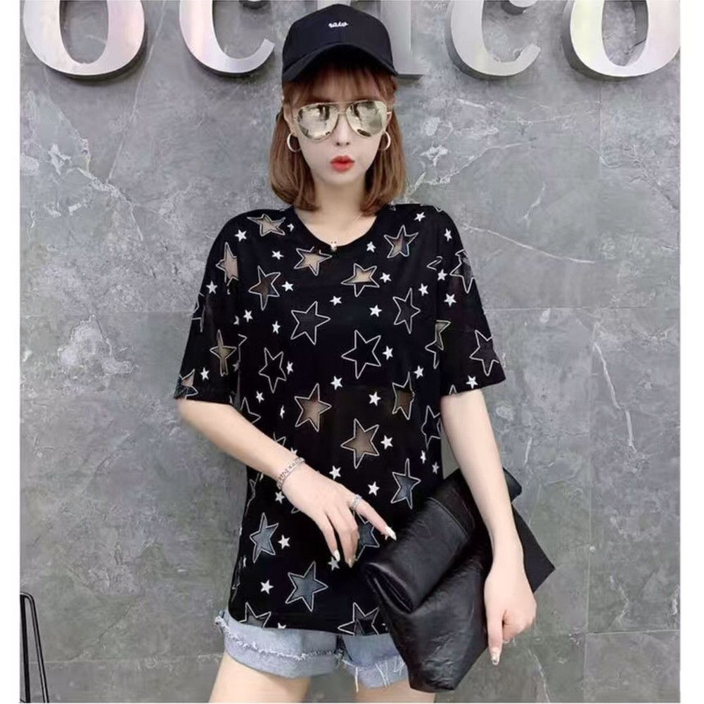 BANDEL 星柄 半袖シャツ 星柄Tシャツ 半袖 レース付き ラウンドネック レディース 星柄