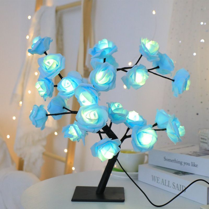 テーブルライト 置物 LED 薔薇の木 ブラック ホワイト USB充電 水色 テーブルライト 置物 オブジェ LED ツリー 水色の薔薇の木 かわいい 木