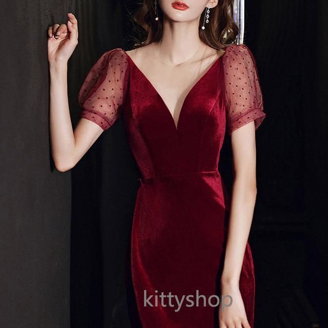 ドレス マーメイド ベルベット 赤 パフ袖 パーティー 結婚式 楽天市場】パーティー ドレス ベルベット ロング丈 マーメイド