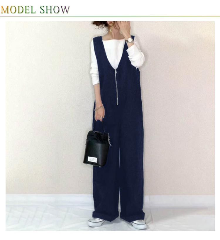 全4色 サロペットパンツ レディース 深Vネック オールインワン