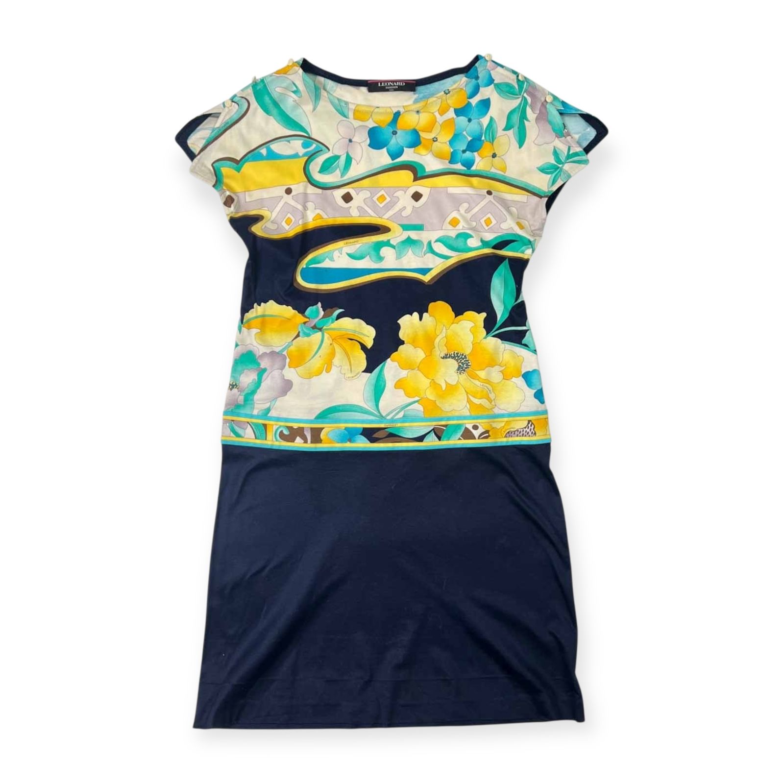 LEONARD ネイビー フレンチ袖 花柄 フラワーワンピース Lサイズ LEONARD FASHION レオナール ファッション 花柄 フレンチ