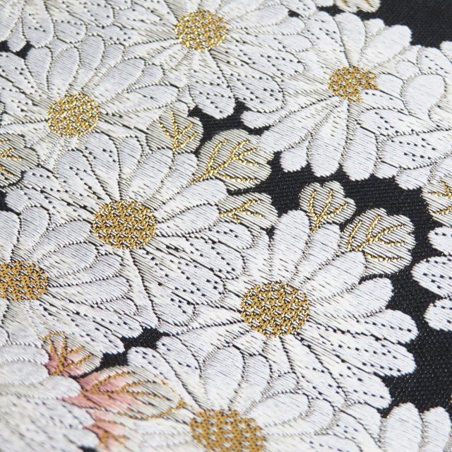 袋帯 中古 六通 千寿菊花文 花紋 華文 箔糸 黒色 多色 金 A1193