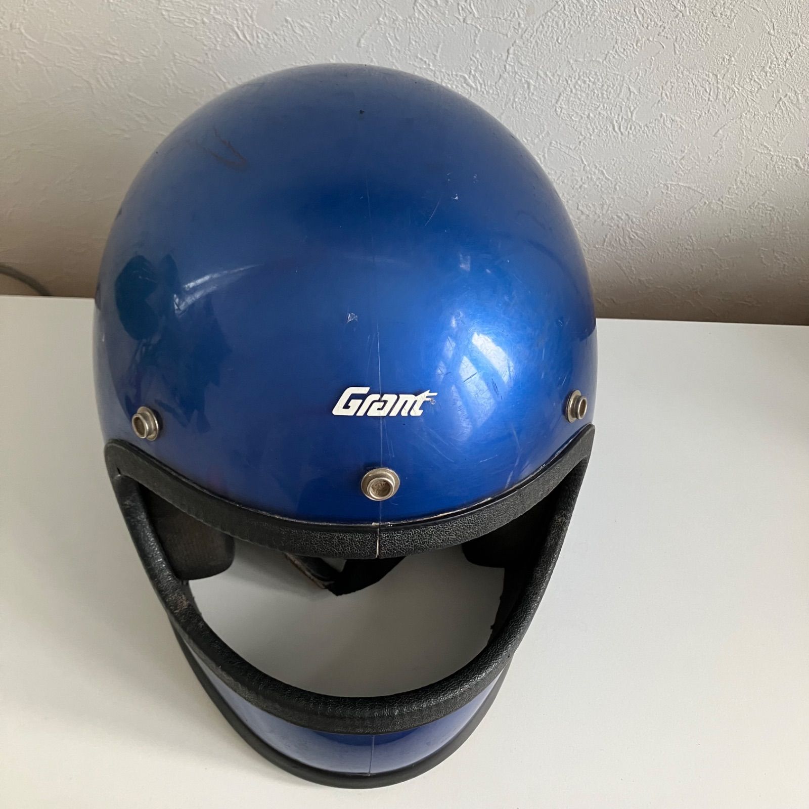 定番 GRANT Lサイズ ビンテージヘルメット 80年代 青 旧車 ハーレー フルフェイス アメリカ ブルー バイク USA アメカジ 古着 旅行