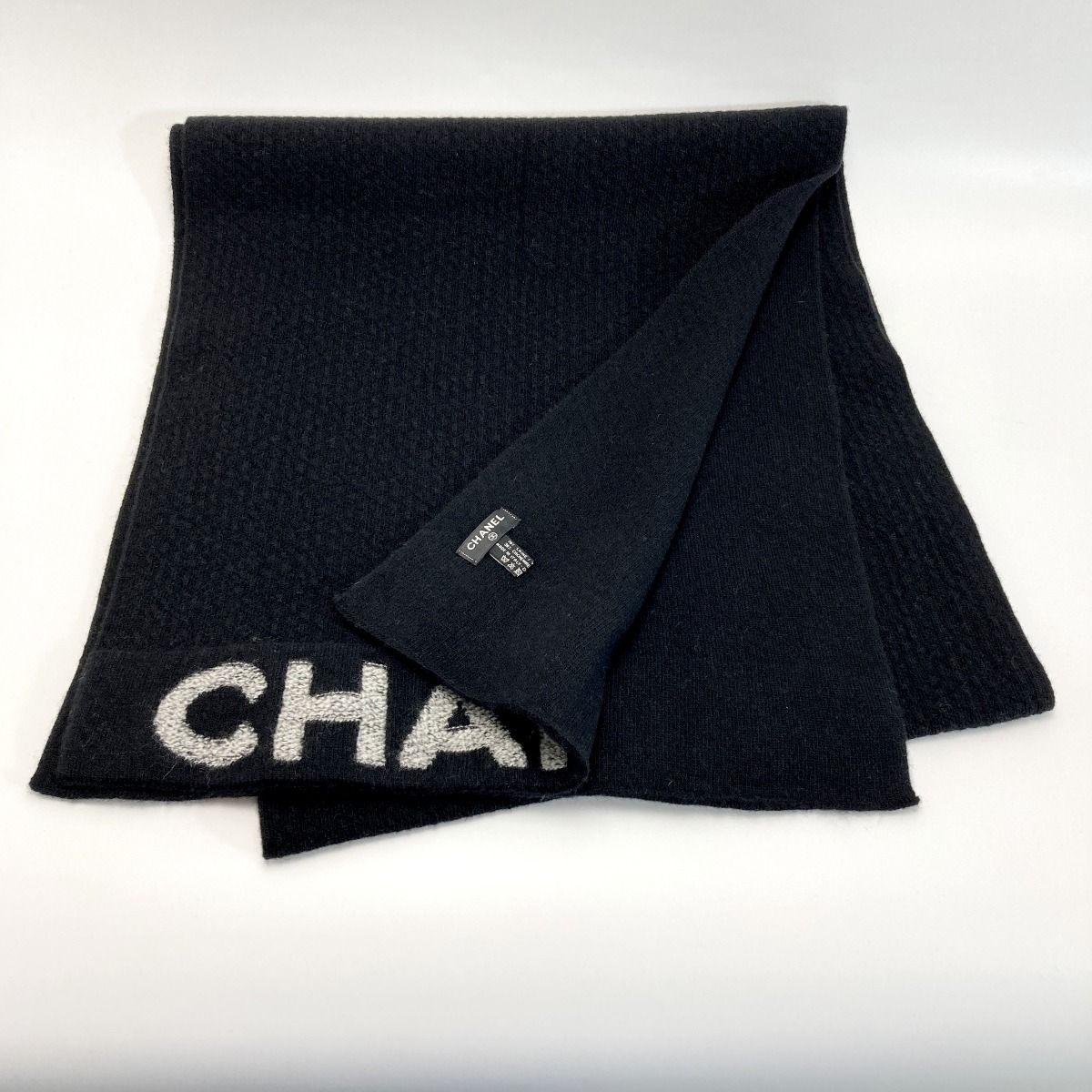 CHANEL シャネル ロゴ マフラー ブラック ウール/カシミヤ