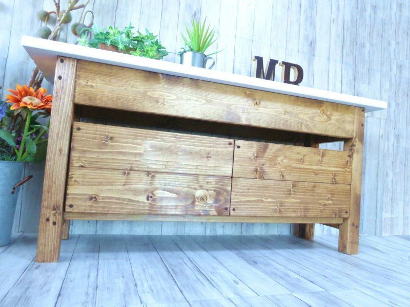 ハンドメイド 2人掛けベンチ 収納ボックス ホワイト✕チーク色 NEXPOTALLINN_EU