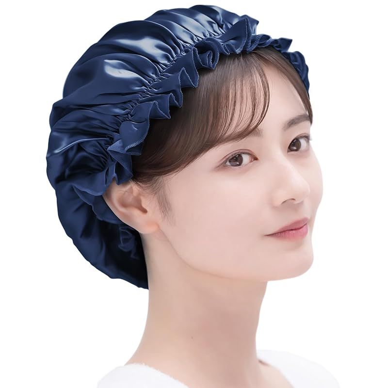 [COCOSILK] シルク ナイトキャップ シルク 天然 シルク100% ヘアキャップ シルクキャップ ロングヘア 就寝用 (L， ネイビーブルー)