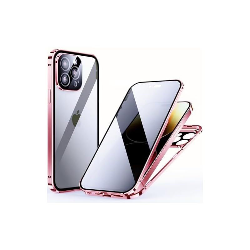 覗き見防止 iPhone 13用 ケース ロック付き アルミ バンパー メタルフレーム スマホケース 強化ガラスフィルム 一体型レンズ保護 マグネット式アイフォン13 両面ケース，ピンク