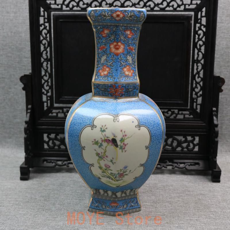 天青釉賞瓶  景徳鎮 陶磁器 装飾品 現代工芸品  美術品 置物 琺瑯彩蒔絵花鳥六方賞瓶 挿花器 景徳鎮 陶磁器 装飾品 現代工芸