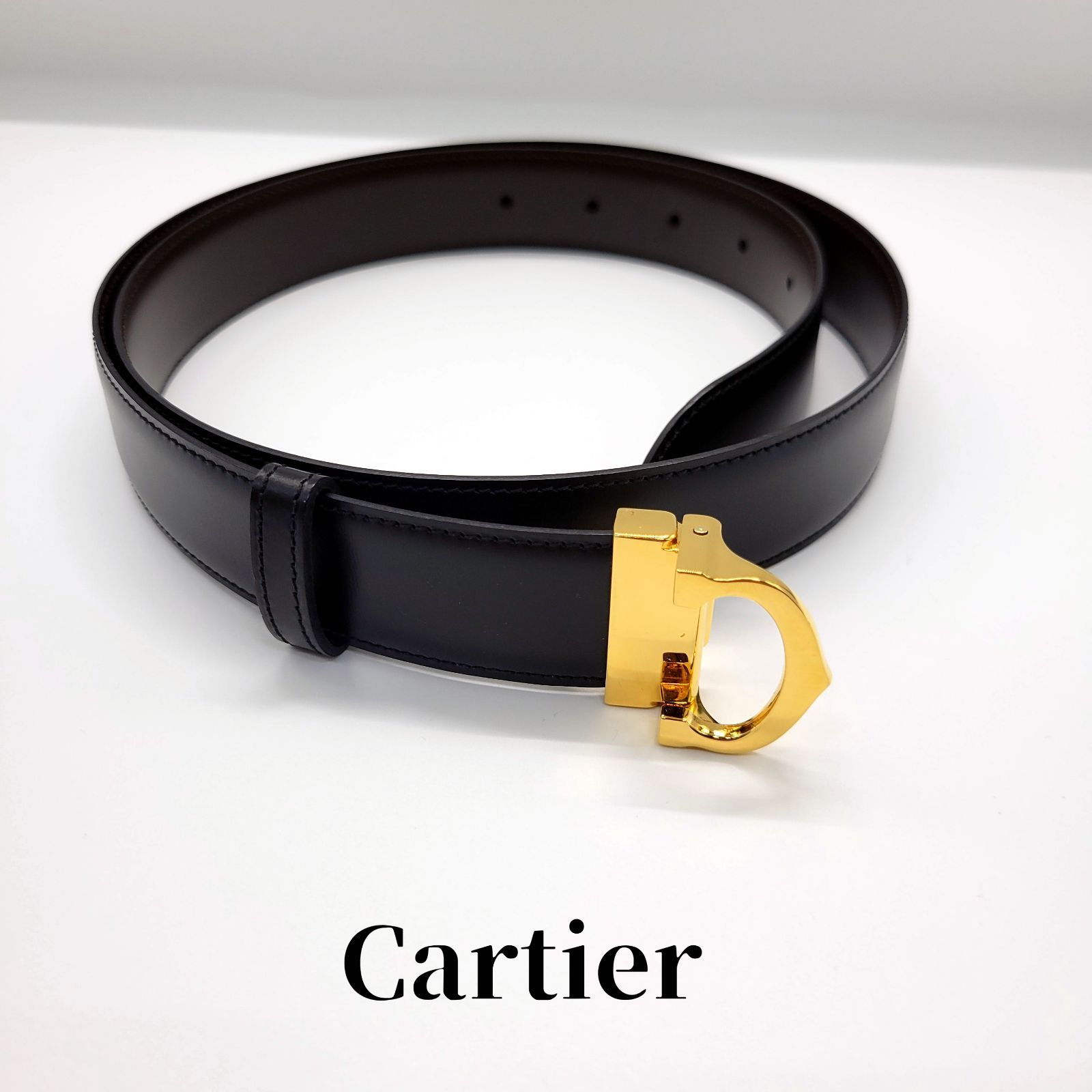 正規品| Cartier カルティエ Cバックル レザーベルト ゴールド金具 メンズ 84〜94cm