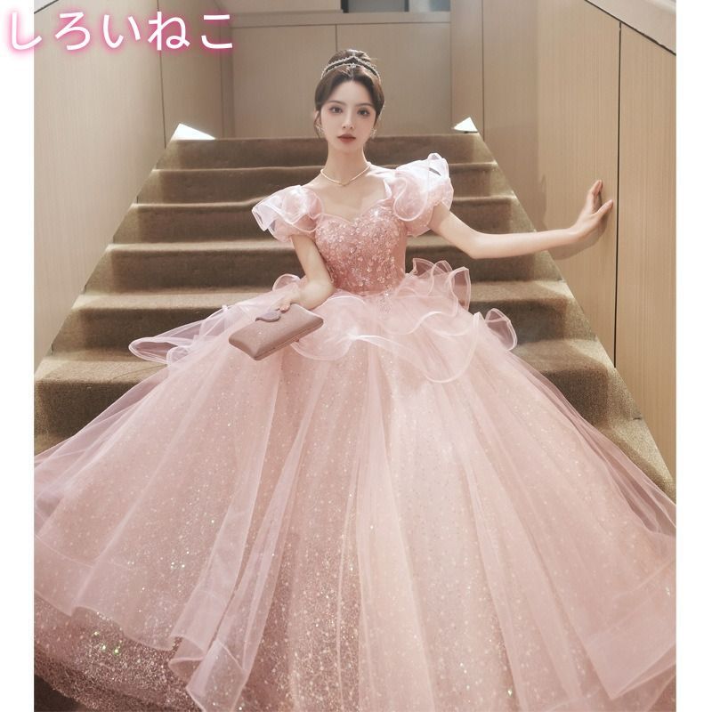 ウェディングドレス ラメ レース シースルー ピンク ゴージャス フリル ロング丈 舞台 結婚 結婚式 カップル 前撮り 写真撮影 発表会 写真 スタジオ お洒落 フェミニン ガーリー 大きいサイズ SNS映え インスタ映え