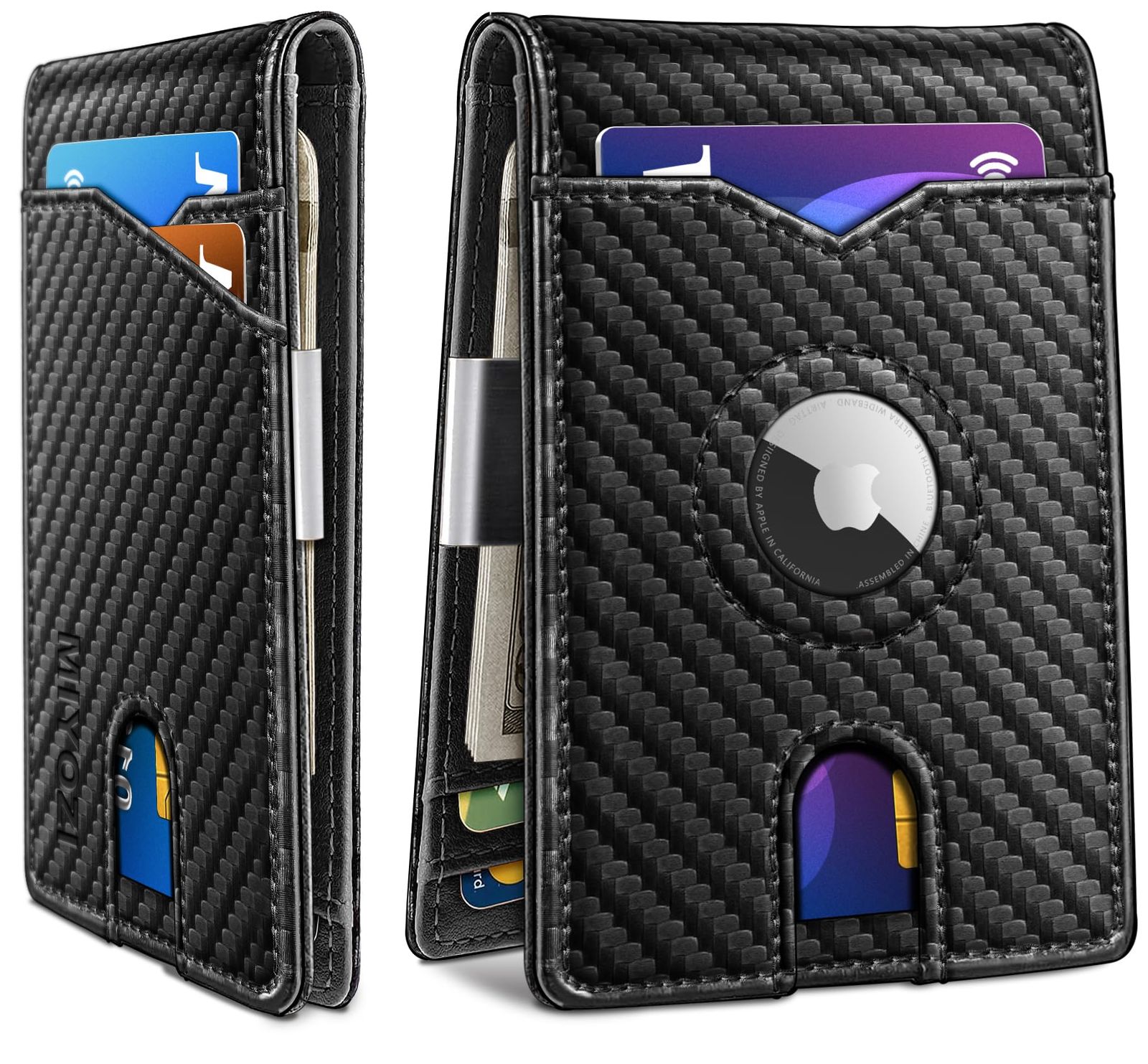 miyozi Airtag 財布 メンズ マネークリップ付き カード11枚 スリム フロントポケット レザー RFIDブロック ウォレット ギフトボックス付き， カーボンブラック018， ミニマリスト。 [カーボンブラ