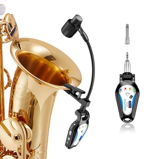 KIMAFUN 2.4Gワイヤレス サックス マイク クリップオン楽器用マイク プラグ＆プレイ ノイズ軽減 30M伝送距離 8時間連続使用 サックス フレンチホルン トランペット トロンボーン 金管楽器用