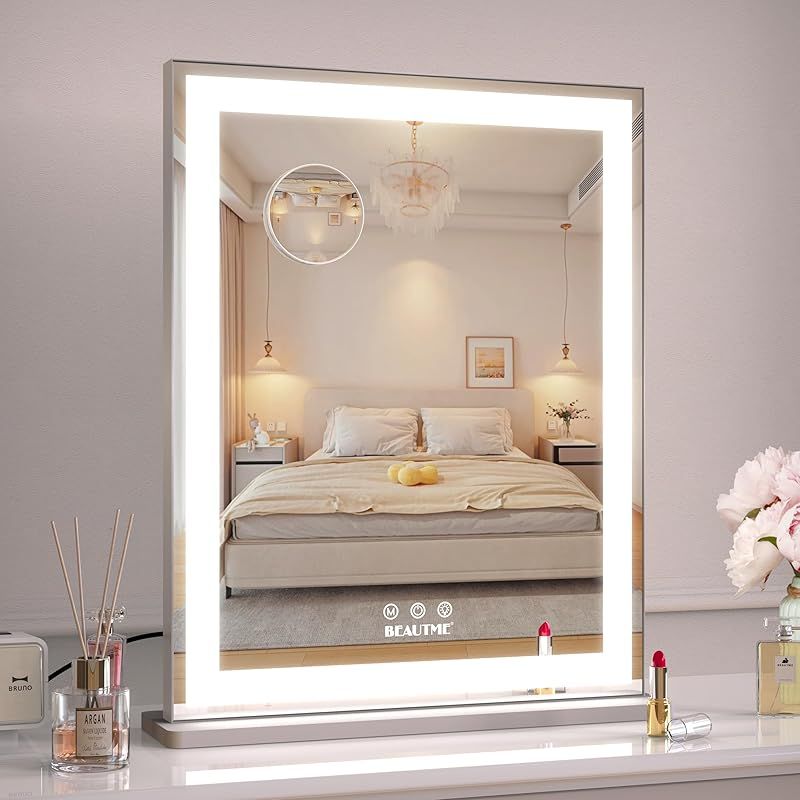 ANYHI 化粧鏡 女優ミラー ハリウッドミラー大型 卓上ミラー 三色照明モード 明るさ調節 卓上 大きい 49.7x40.5cm シルバー 1