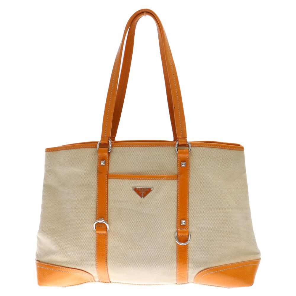PRADA ベージュ キャンバストートバッグ PRADA (プラダ) レザー×キャンバス切替 トライアングルロゴ