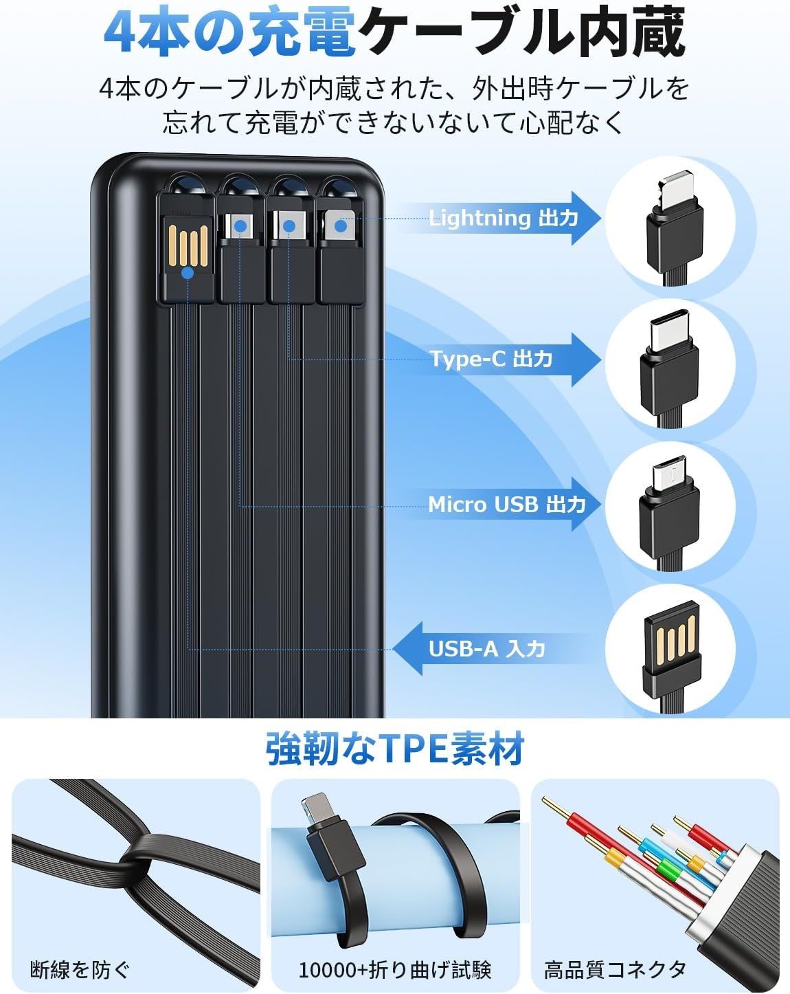 新発売】【送料込】モバイルバッテリー50000mAhケーブル内蔵 PSE認証済 - メルカリ