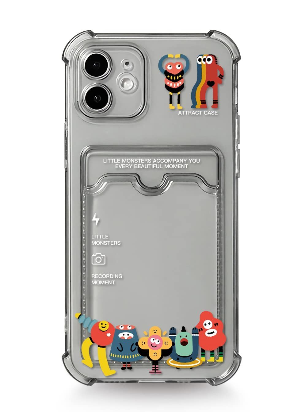 Attract iphone 14ケース 透明 ポケット付き 背面収納 小怪物 怪獣ちゃん カード収納 シンプル イラスト キャラクター かっこいい かわいい アニメ おもしろ TPU アイフォンケース 傷防止 スリム軽