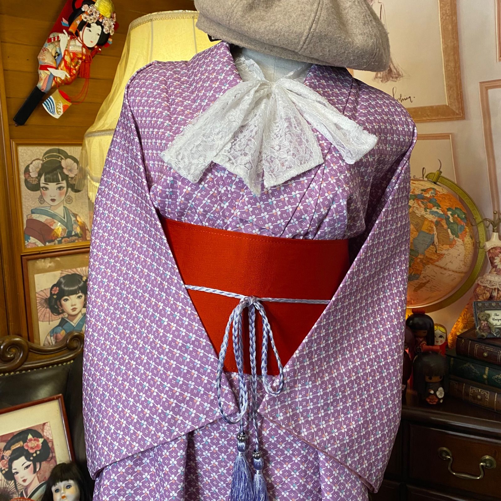 リメイク 着物ワンピース 化繊 洗える 帯サッシュベルト付き 和洋折衷