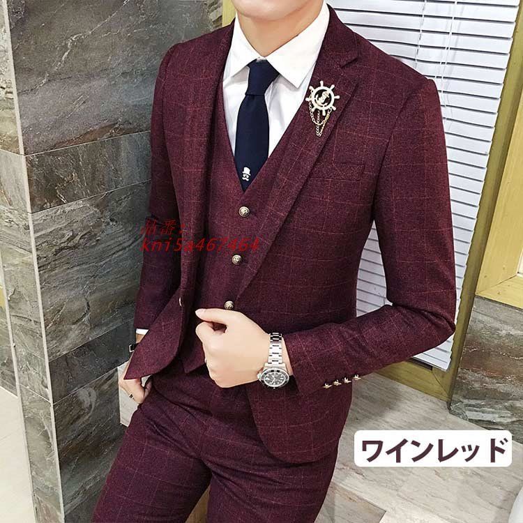 メンズスーツ スーツ スリム ストレッチ フォーマル 1つボタン 3XL 2XL S グレー ワインレッド ビジネススーツ M XL L 3点セット kni5a467464