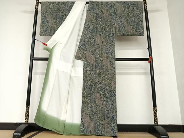 平和屋着物○上質な小紋 型染め 雪輪花鳥松文 鬼しぼ縮緬 正絹