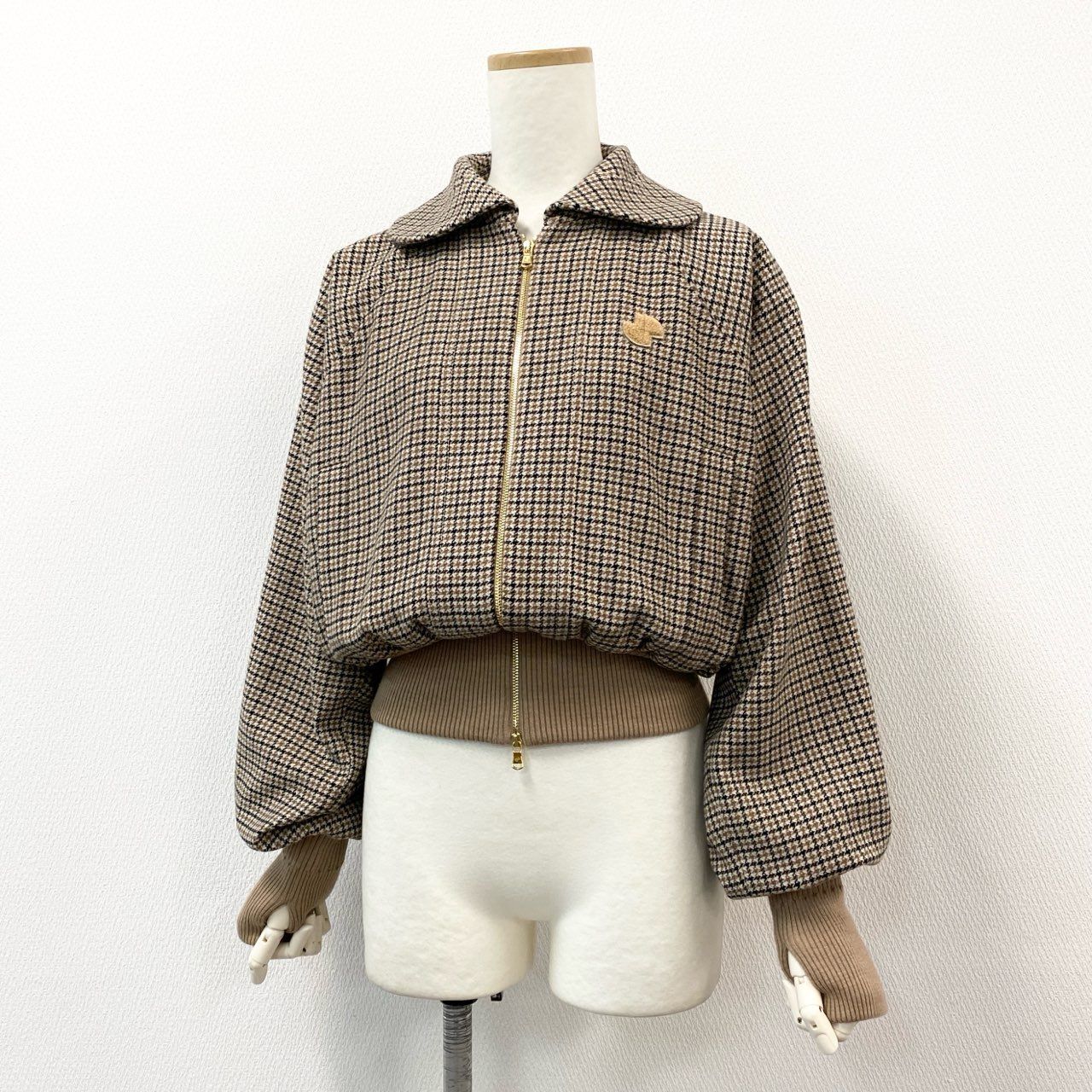 84e30 PATOU パトゥ 24AW サイクルウール ボンバージャケット リブ アウター チェック 千鳥格子柄 OU028-0195 34 ブラウンベージュ