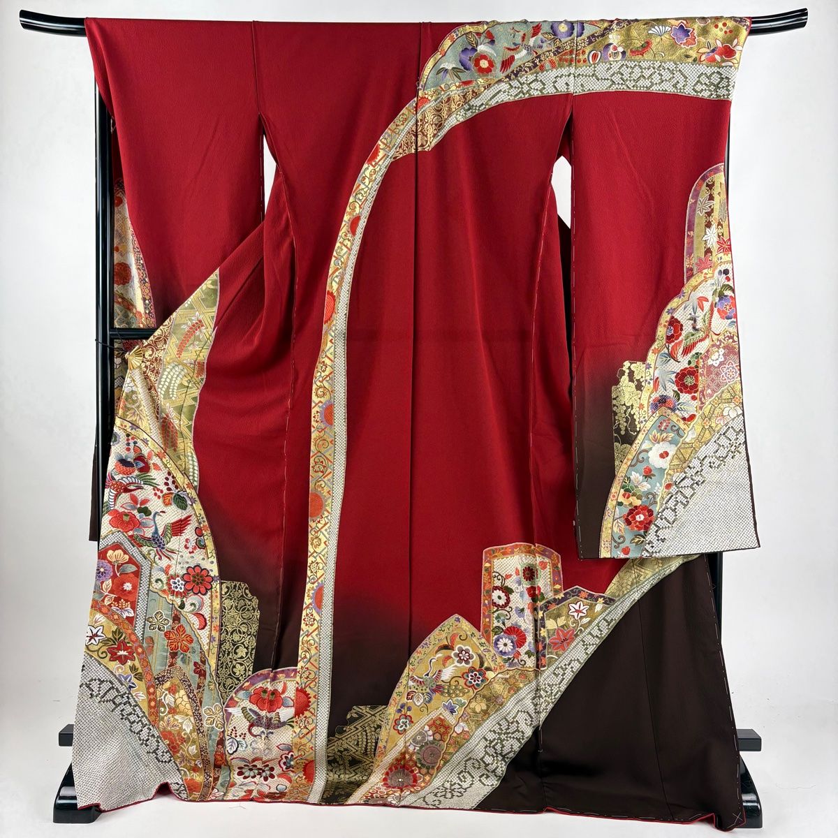 振袖 身丈180cm 裄丈69cm 未仕立て 仮絵羽 鳥 花唐草 金彩 ぼかし 赤  