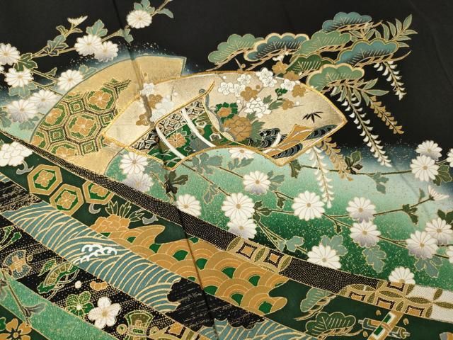 D666 黒留袖　華文　狩猟文　金彩　正絹　着物　袷　極美品 楽天市場】刺繍柄の正絹江戸妻 未仕立 江戸褄 正絹黒留袖 豪華な