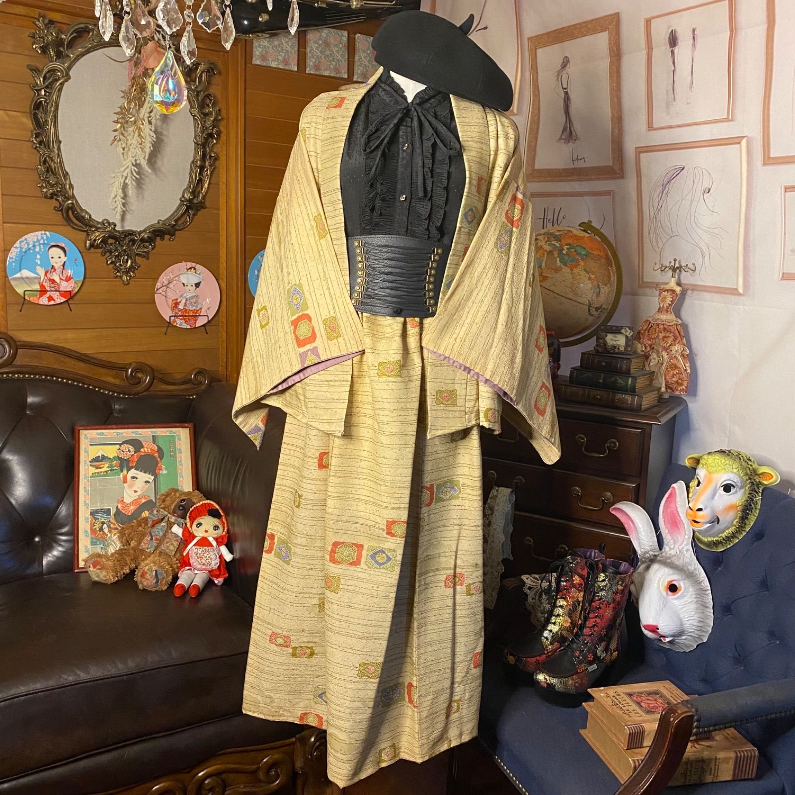 【お値下げしました！】和風リメイクにオススメ！着物2枚セット 和洋折衷 レトロ 古着 洗える着物 2部式 二部式 和 モダン