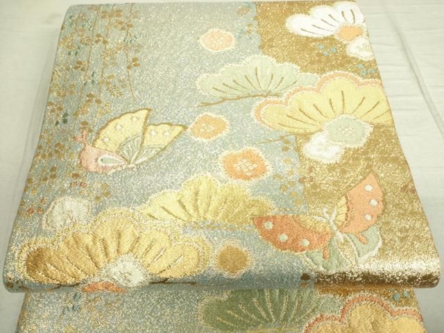 平和屋着物○六通柄袋帯 流水花松文 金糸 正絹 逸品 未使用