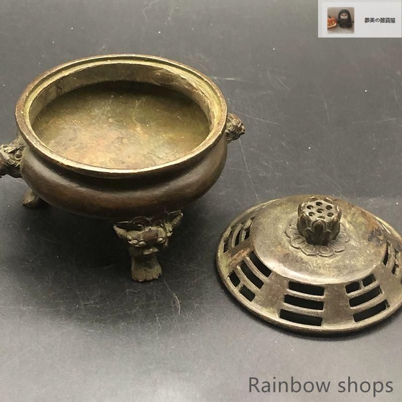 新品・未使用】新品未使用銅器 三足双獅頭香炉 蓮華蓋薫香炉