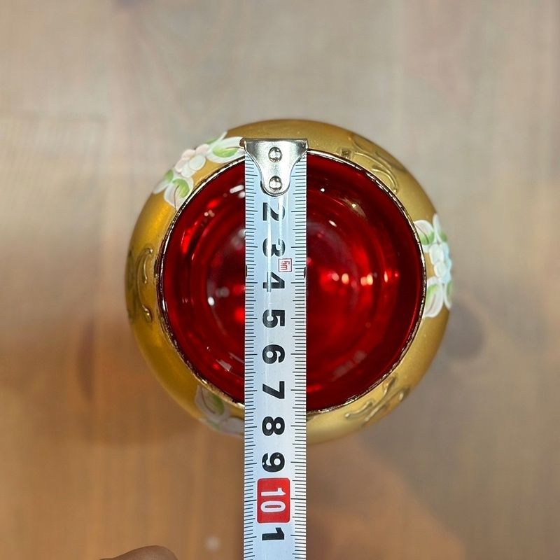 【ベネチアングラス】赤金彩美しいキャンディポット　アンティーク　ガラス工芸品 ヴェネチアングラス 赤金彩 高さ17cm キャンディポット 脚付き