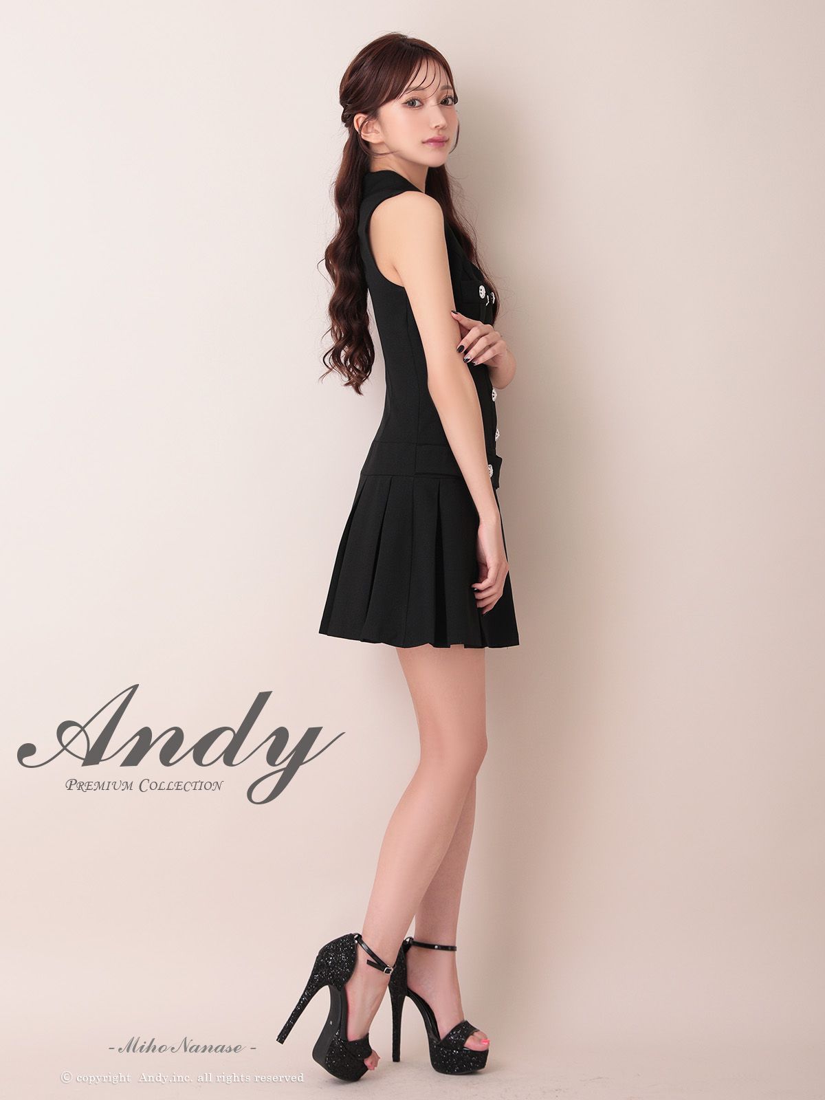 XSブラック OF05 OK2960-BL-2507 ANDY アンディ ワン ビジューボタン 襟付き ノースリーブ Vネック ボックスプリーツ フ ミニドレス キャバドレス