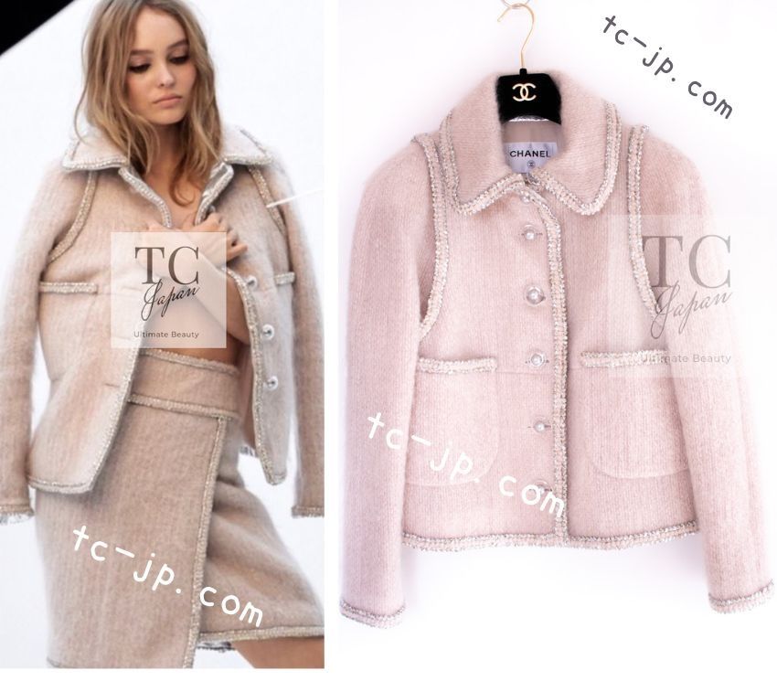 シャネル コート ジャケット CHANEL 軽くてふわふわ 淡い ベビーピンク モヘア ウール カール ラガーフェルド作品 サイズ 44