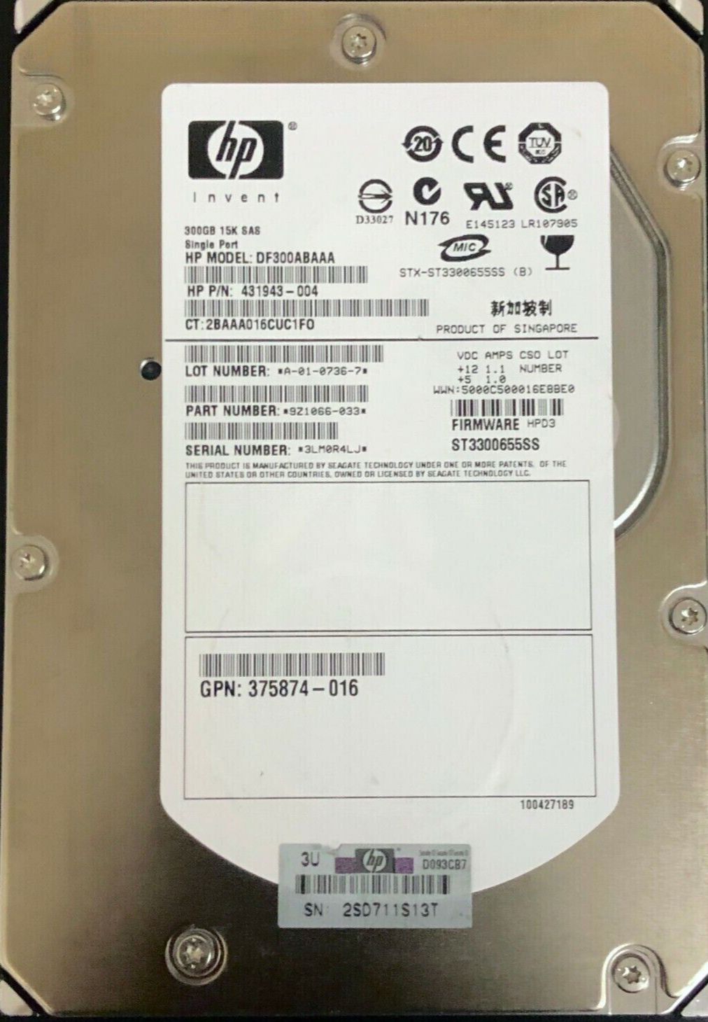 ST3300655SS | 431943-004 HP SEAGATE 300GB 3.5 RPM 15K SAS HDD キャディ