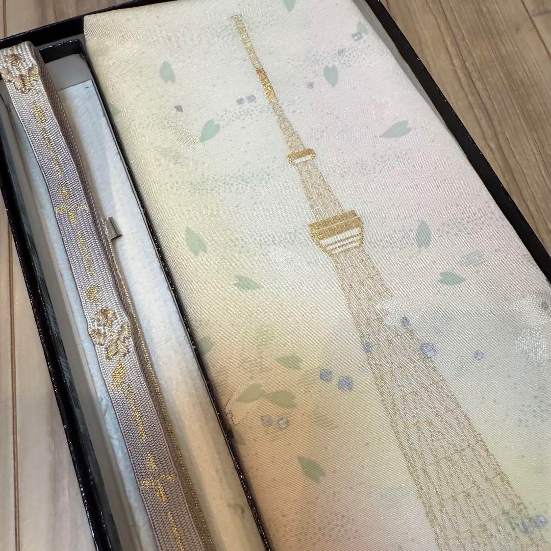 秋冬 ♥品 正絹 帯揚げ 帯締め 2点 着物小物 水色 紫 金 スカイツリー