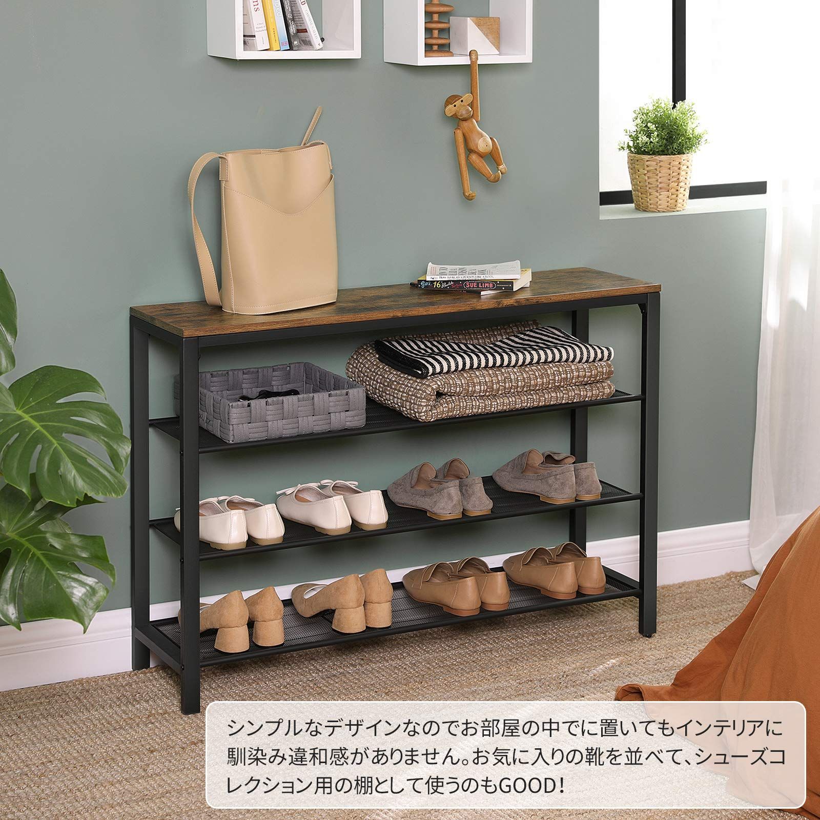 『SNS人気話題』【特価商品】VASAGLE シューズラック 下駄箱 木製 靴棚 4段 奥行30cm スリム 省スペース おしゃれ 木目調 安定 ブーツ 玄関収納 玄関ベンチ メタルメッシュラック 大容量 ヴィンテージ風 組立簡単 廊下 NLBS14BX ダブルバックル