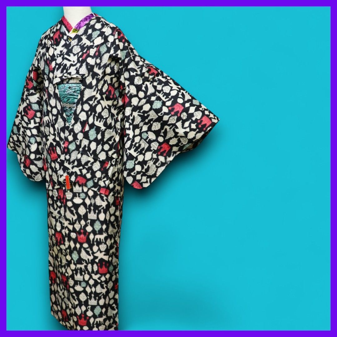 三日月とうさぎ a0202 アンティーク着物 アンサンブル 銘仙 王冠 孔雀 烏