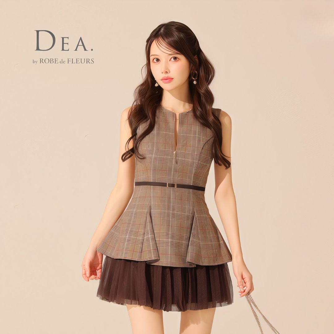 DEA. by ROBE de FLEURS ディアバイローブドフルール ミニドレス DE3477 チェックノースリーブベルトデザインチュールミニキャバドレス Brown
