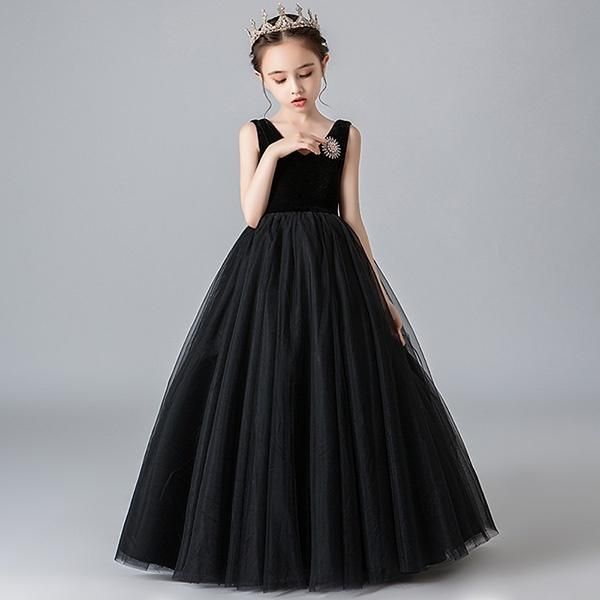 子供ドレス ピアノ発表会 ワンピース 女の子 ロング丈 ノースリーブ パーティドレス 黒 ブラック Vネック お姫様 フォーマル キッ