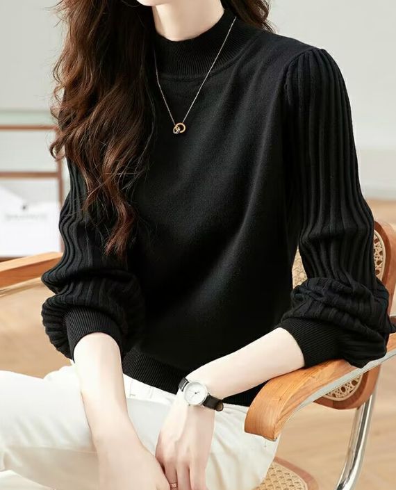 ブラック レディース ニット ブラウス トップス 長袖 プリーツスリーブ ハイネック 上品 きれいめ 通勤 オフィス カジュアル