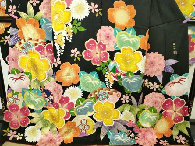 平和屋本店□極上 紫野美術工芸 振袖 吉祥花文 黒地 金彩 逸品