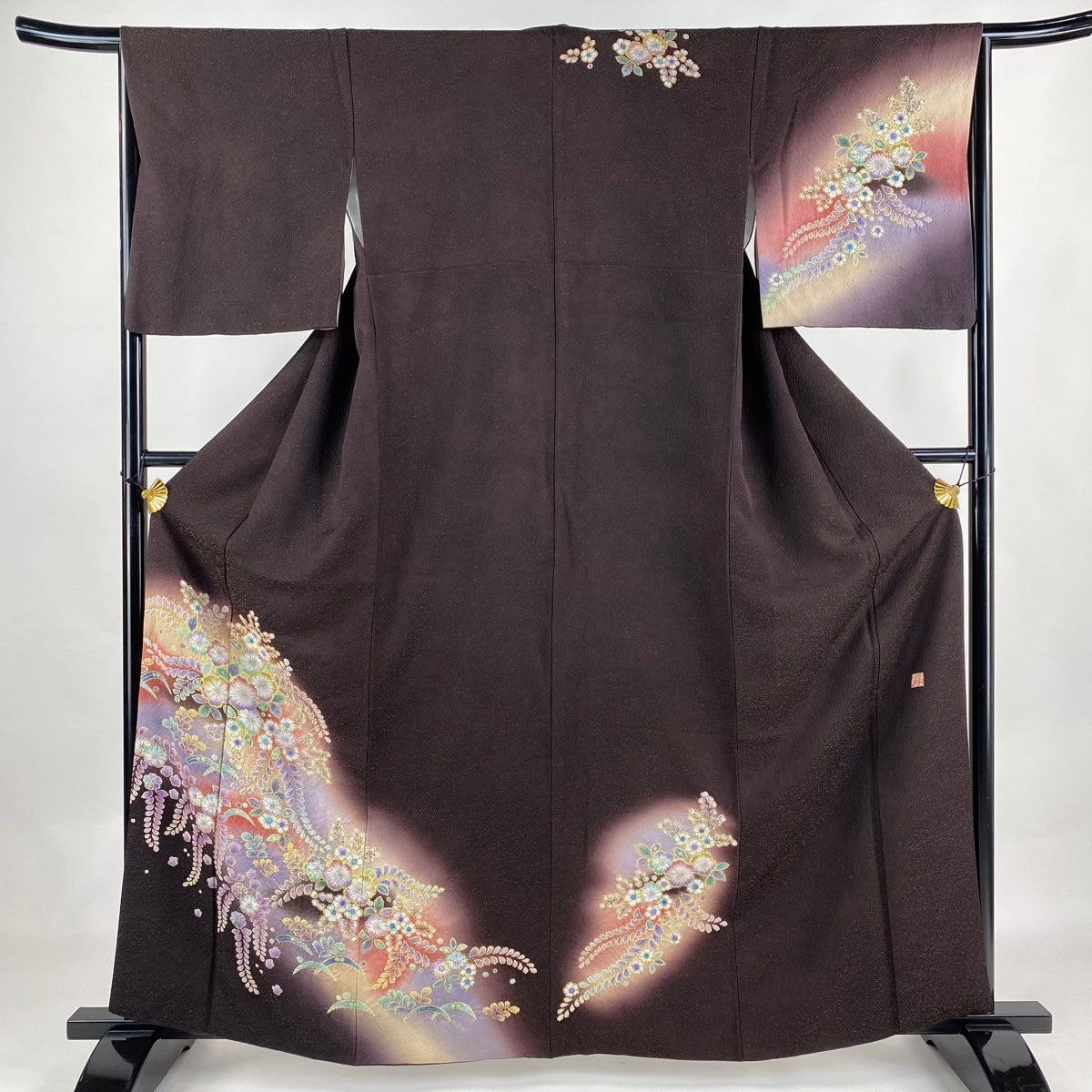 訪問着 身丈161cm 裄丈65.5cm M 袷 落款 辻が花 金通し 茶紫 正絹 名品