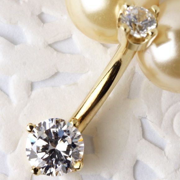 BG104 14金 へそピアス イエローゴールド ダブルCZ ボディピアス バナナバーベル バーの短いタイプあり バーが短い