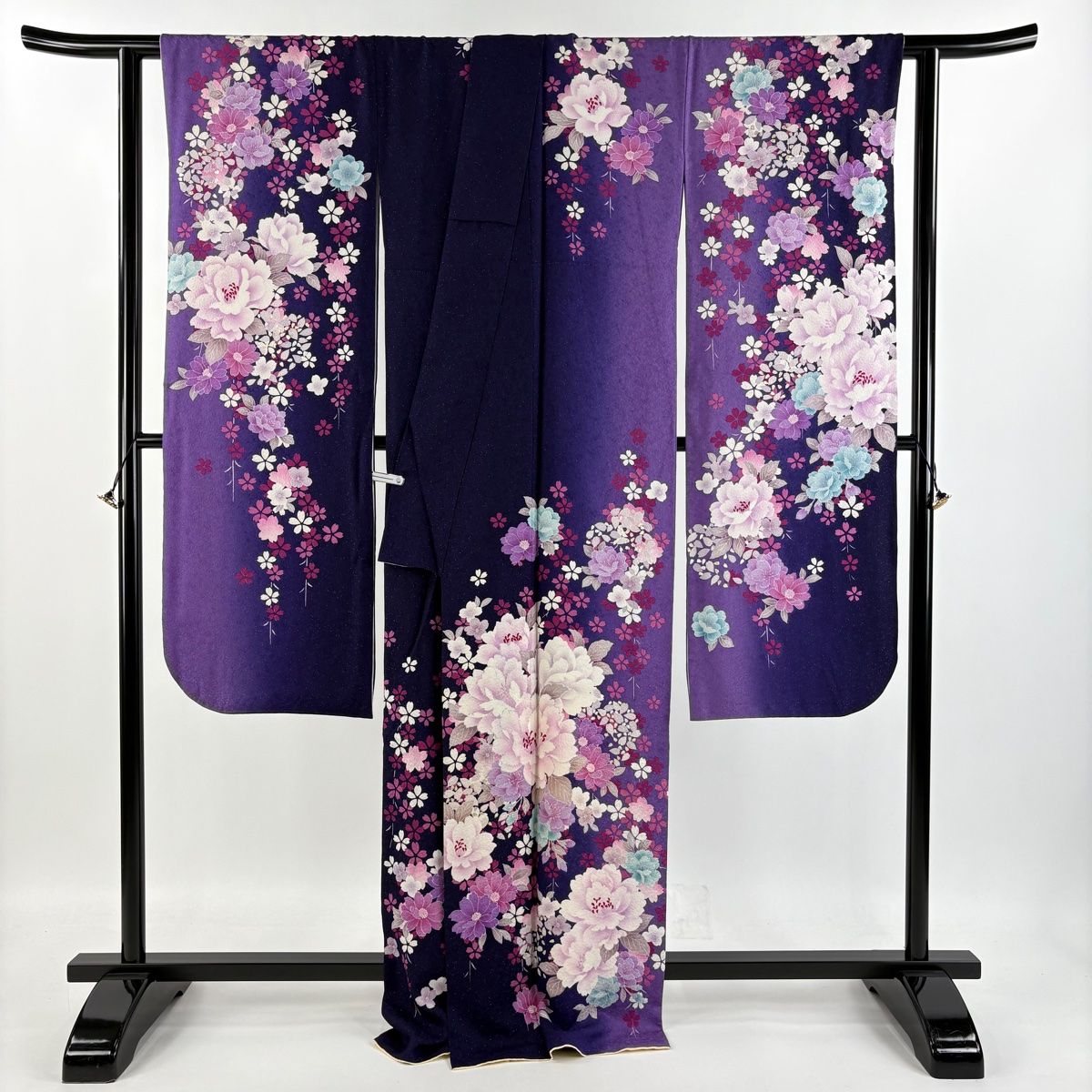 振袖 身丈168.5cm 裄丈68cm L 袷 桜 牡丹 銀通し 金銀彩 紫 正絹