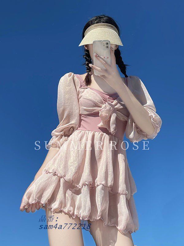 レディース 水着 ワンピース水着 パッド付 かわいい 小胸 ピンク 透明感 ビーチ 露出控えめ 黒 海 夏 プール am4a772218