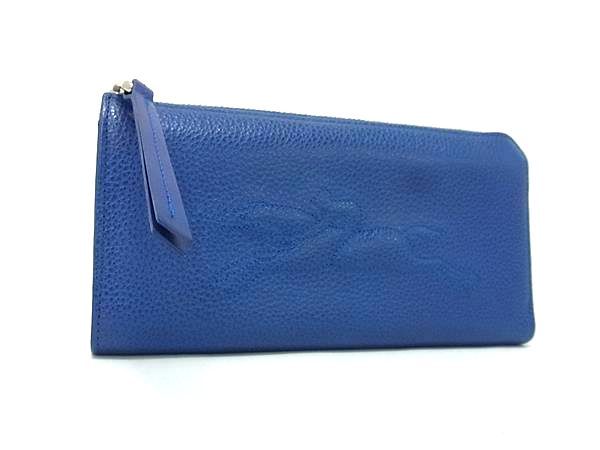 LONGCHAMP ロンシャン　レザーミニ折り財布　ネイビー □美品□ LONGCHAMP ロンシャン レザー L字ファスナー 長財布
