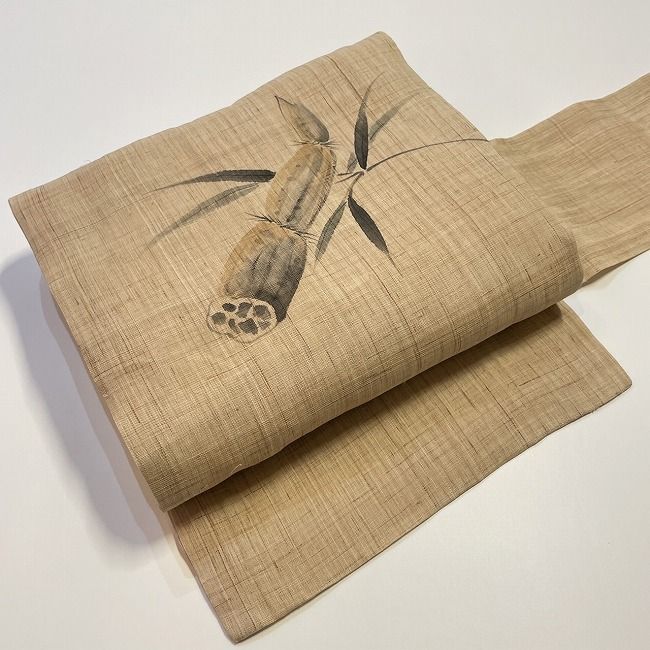 名古屋帯 紬 麻交 茶色 れんこん 水彩画 r719