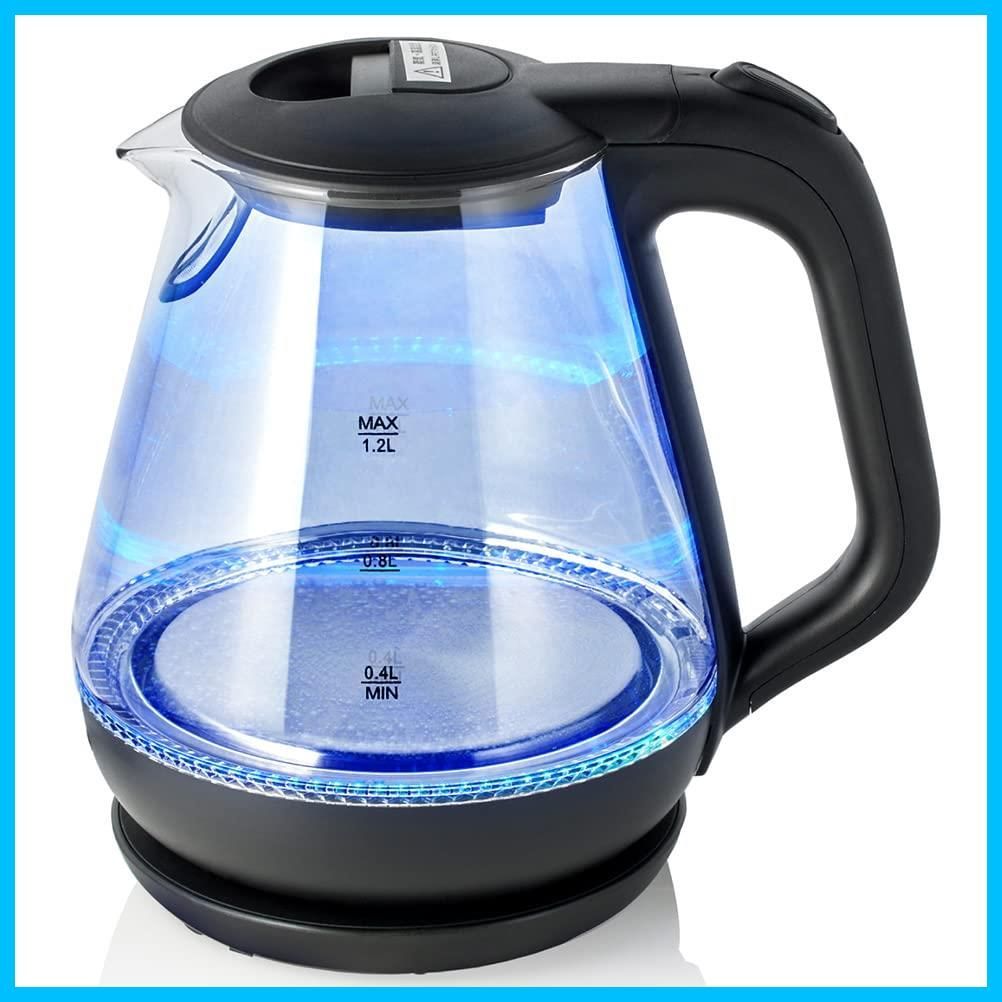 早発ガラスケトル 1.2L ガラス電気ケトル オシャレなL点灯 ワンスイッチ 耐熱ガラス 電源分離式 空焚き防止 自動電源 コード巻き込み ブラック